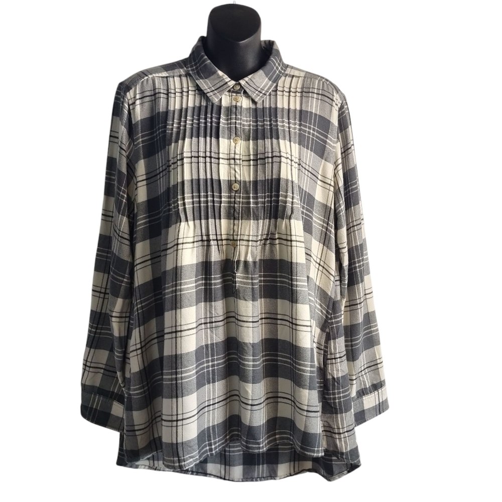 American Eagle Women's White Gray Plaid Check Button Flannel Blouse Size L